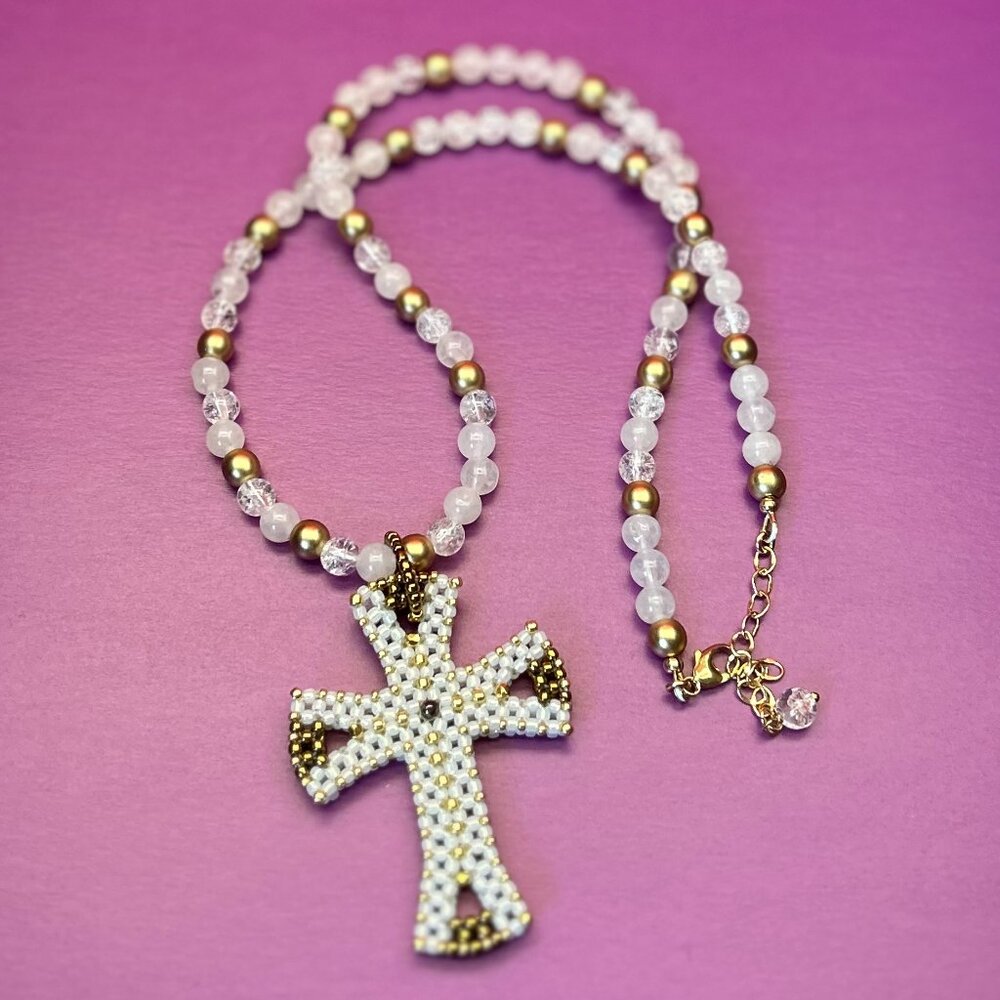 Handmade Beaded Cross Pendant - Beaded Gemstone Necklace - Religious Jewelry